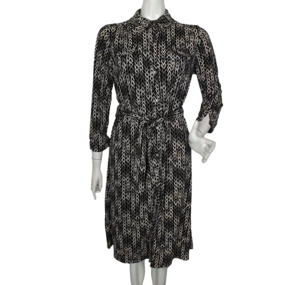 SIGRID OLSEN Shirt Dress, L, Black/Gray, Chevron Stripes, Breast pockets